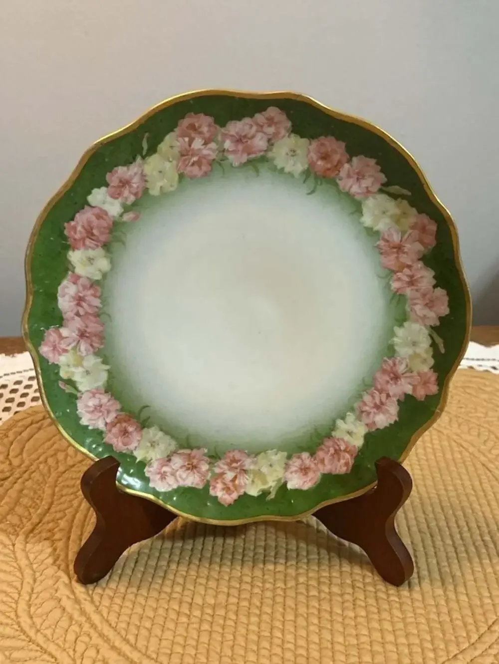 Antique Jean Pouyat JP Limoges Green and Pink Floral Porcelain Decorative Plate